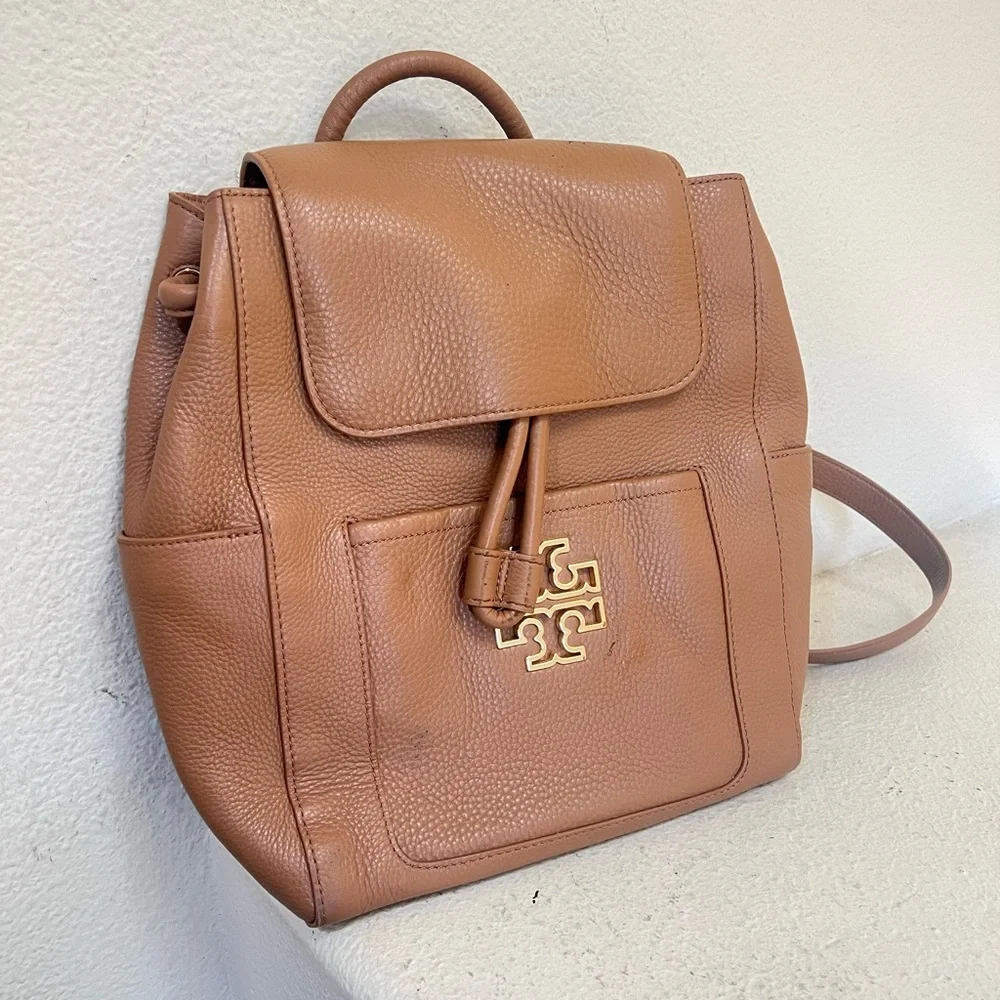 Tory Burch Britten Leather tan‎ brown Large Backpack  classic casual work